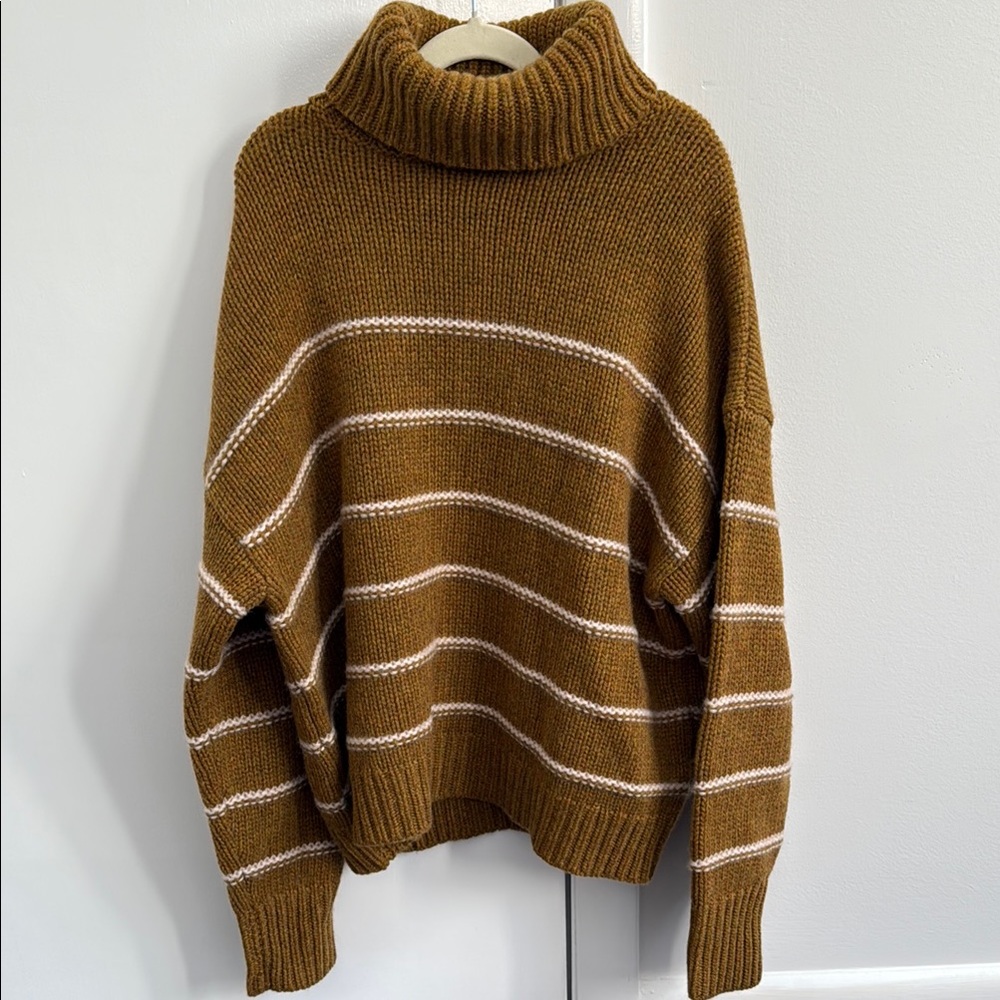 Garnet Hill Brown Mustard Striped Turtleneck Sweater 100% Recycled Cashmere